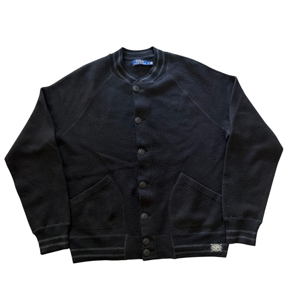 Polo Ralph Lauren Mens Black 100% Merino Wool Varsity Button Cardigan Sweater L